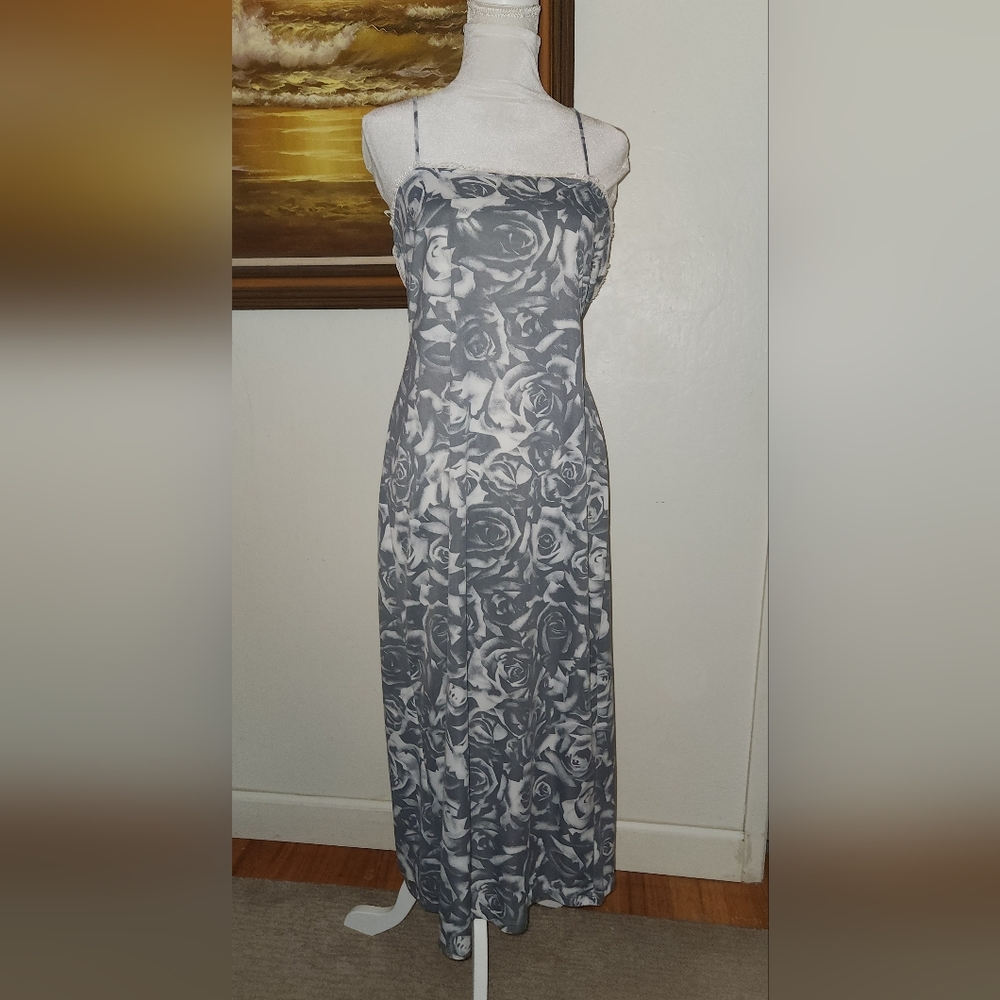 Vintage 1980s 1990s Grey Rose Square Neck Tank Slipdress
